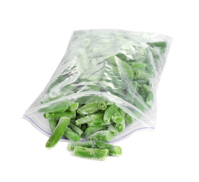 Frozen green beans in plastic bag isolated on white. Vegetable preservation