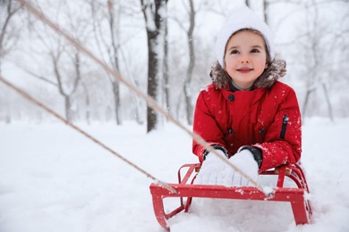 Cute little girl enjoying sleigh ride outdoors on winter day