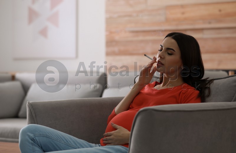 Young pregnant woman smoking cigarette at home. Space for text
