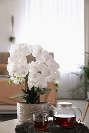 Beautiful white orchids and tea set on table in room