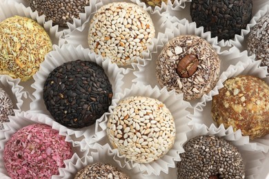 Assortment of different delicious vegan candy balls, top view