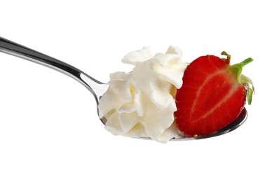 Spoon with delicious strawberry and whipped cream isolated on white
