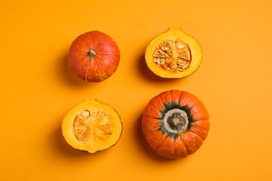 Fresh ripe pumpkins on orange background, flat lay. Holiday decoration