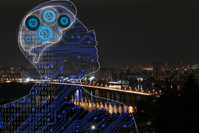  Illustrated man with virtual brain and night cityscape on background. Machine learning concept  