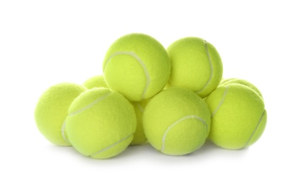 Heap of tennis balls on white background. Sports equipment