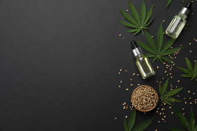 Flat lay composition with hemp leaves, CBD oil and THC tincture on black background, space for text