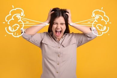 Stressed and upset young woman on yellow background