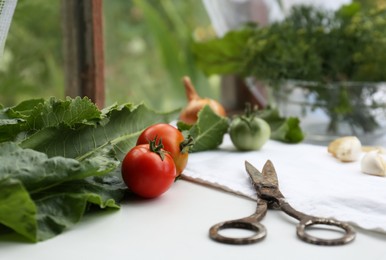 Fresh green herbs, tomatoes and scissors on table indoors. Space for text