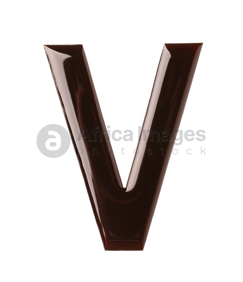 Photo of Chocolate letter V on white background, top view