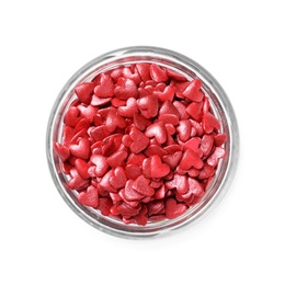 Sweet candy hearts in bowl on white background, top view