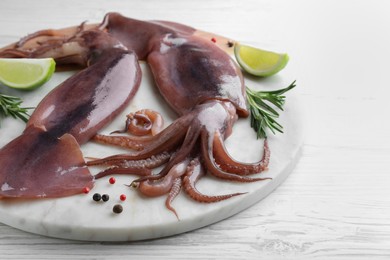 Photo of Fresh raw squids with lime and rosemary on white wooden table, closeup