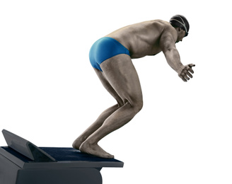 Young athletic man jumping from starting block in swimming pool against white background