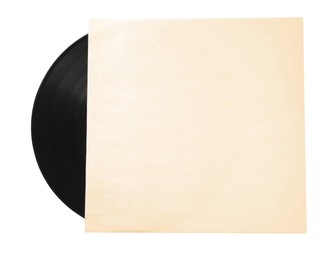 Vintage vinyl record in paper sleeve on white background, top view