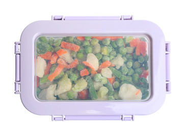 Frozen vegetables in plastic container isolated on white, top view