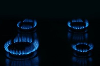 Gas cooktop with burning blue flames in darkness