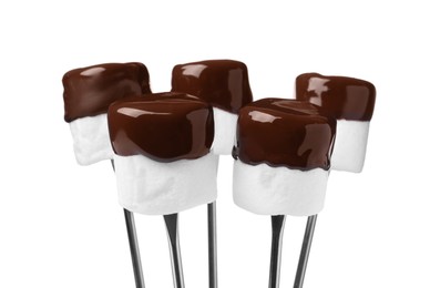 Tasty marshmallows dipped into chocolate on white background
