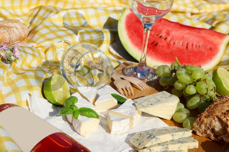 Delicious food and wine on picnic blanket, closeup