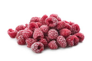 Heap of tasty frozen raspberries on white background
