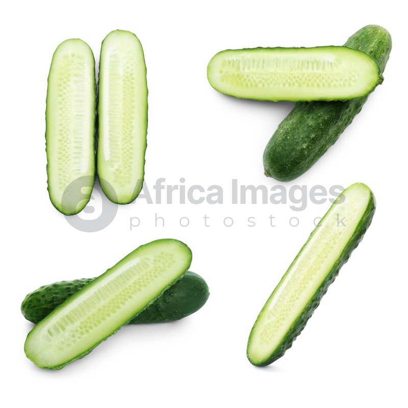 Set with cut ripe cucumbers on white background