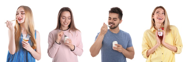 Collage with photos of people with tasty yogurts on white background. Banner design