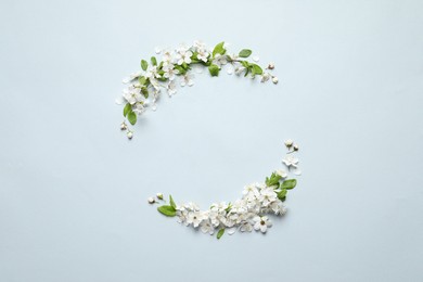 Beautiful frame of spring tree blossoms on light background, flat lay. Space for text