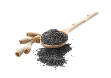 Photo of Poppy seeds and wooden spoon on white background