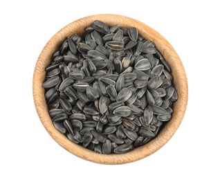 Photo of Sunflower seeds in bowl isolated on white, top view
