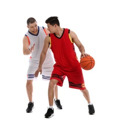 Professional sportsmen playing basketball on white background
