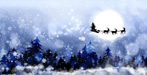 Image of Magic Christmas eve. Reindeers pulling Santa's sleigh in sky on full moon night, banner design