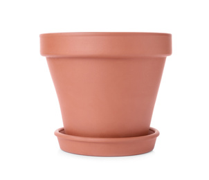 Stylish terracotta flower pot with saucer isolated on white