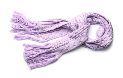 Violet knitted scarf isolated on white, top view