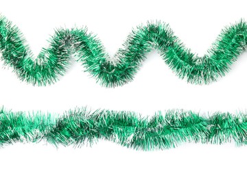 Shiny green tinsels on white background, collage. Christmas decoration