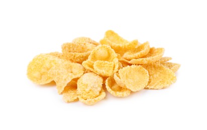 Pile of tasty cornflakes on white background, closeup. Healthy breakfast cereal
