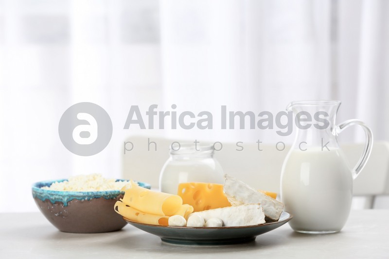 Different dairy products on table