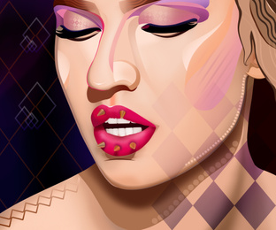 Illustration of beautiful young model with decorative spikes on lips against color background. Contemporary art 