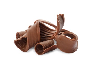 Photo of Yummy chocolate curls for decor on white background