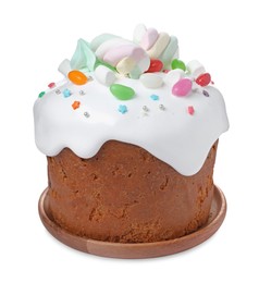 Photo of Traditional Easter cake decorated with sprinkles, jelly beans and marshmallows isolated on white