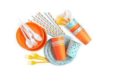 Photo of Set of different disposable tableware on white background, top view