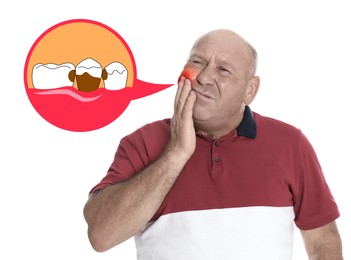 Mature man suffering from acute toothache on white background