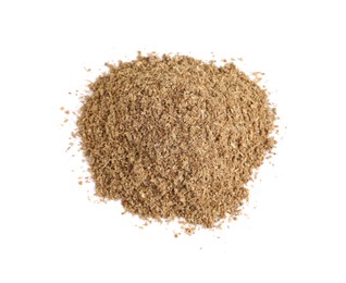 Heap of powdered coriander isolated on white, top view