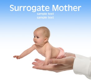 Surrogacy concept. Woman holding cute little baby on color background, closeup. Space for design