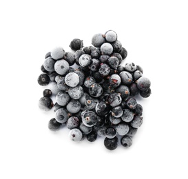 Heap of tasty frozen black currants on white background, top view