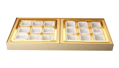 Photo of Empty box of chocolate candies isolated on white