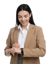 Businesswoman with wristwatch on white background. Time management