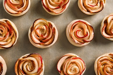Freshly baked apple roses on parchment paper, flat lay. Beautiful dessert