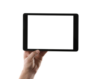 Man holding tablet computer with blank screen on white background, closeup. Modern gadget