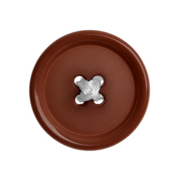 Brown plastic sewing button isolated on white, top view