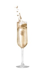 Sparkling wine splashing out of glass on white background