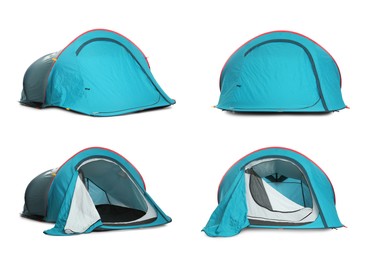Light blue camping tents on white background, collage