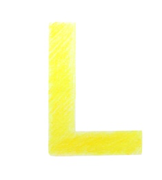 Photo of Letter L written with yellow pencil on white background, top view